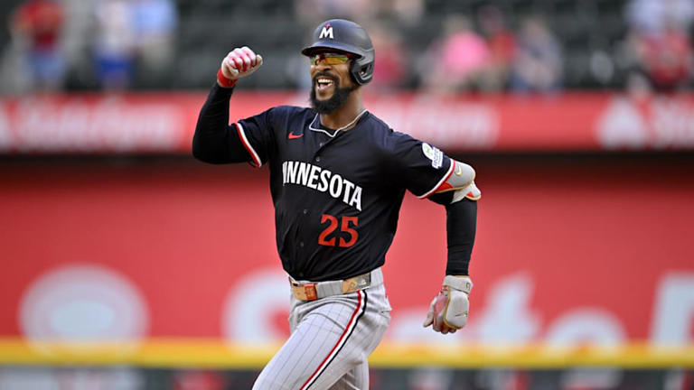 Sep 25, 2025; Arlington, Texas, USA; Minnesota Twins center fielder Byron Buxton (25) celebrates as he rounds the bases after hitting a three run home run against the Texas Rangers during the eighth inning at Globe Life Field. Mandatory Credit: Jerome Miron-Imagn Images | Jerome Miron-Imagn Images