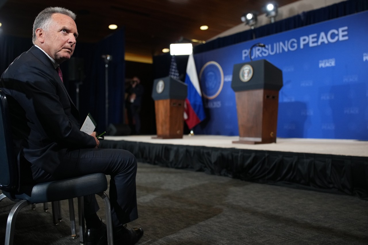 Witkoff waits for the start of a press conference between Trump and Putin at Joint Base Elmendorf-Richardson in Anchorage, Alaska.