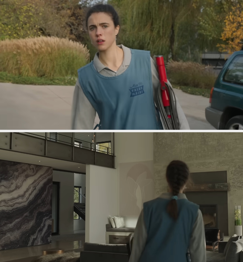 Margaret Qualley in uniform holding cleaning supplies walks outside in "Maid"; inside, she cleans a modern, spacious home with a large stone patterned wall