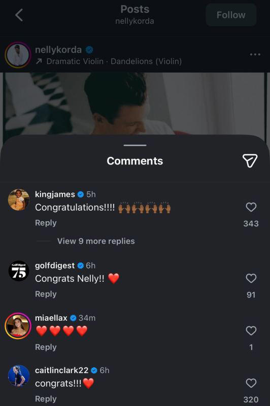 Caitlin Clark reacts to Nelly Korda's announcement. Instagram / nellykorda