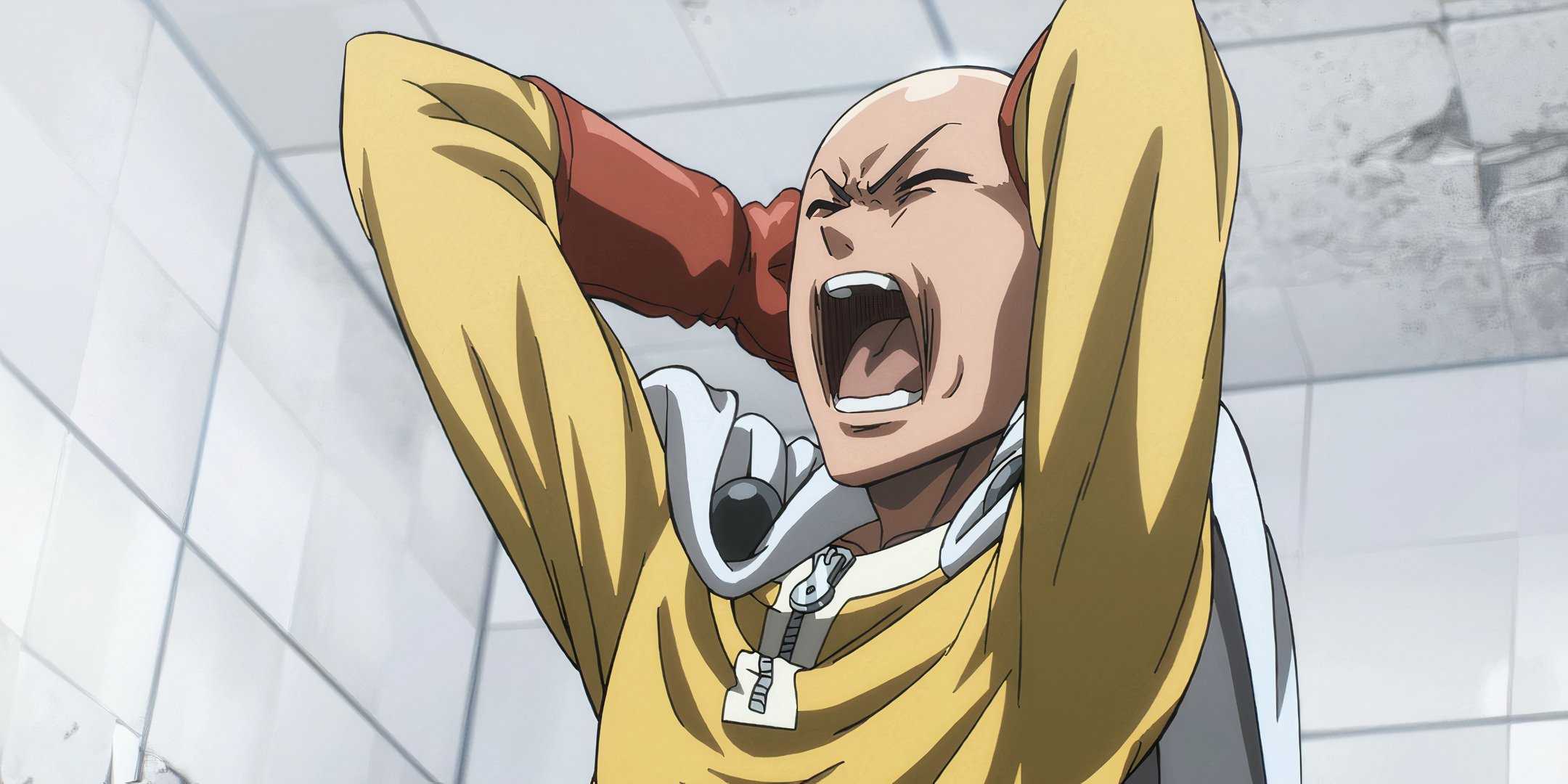 Saitama clutches his bald head in One-Punch Man Season 1