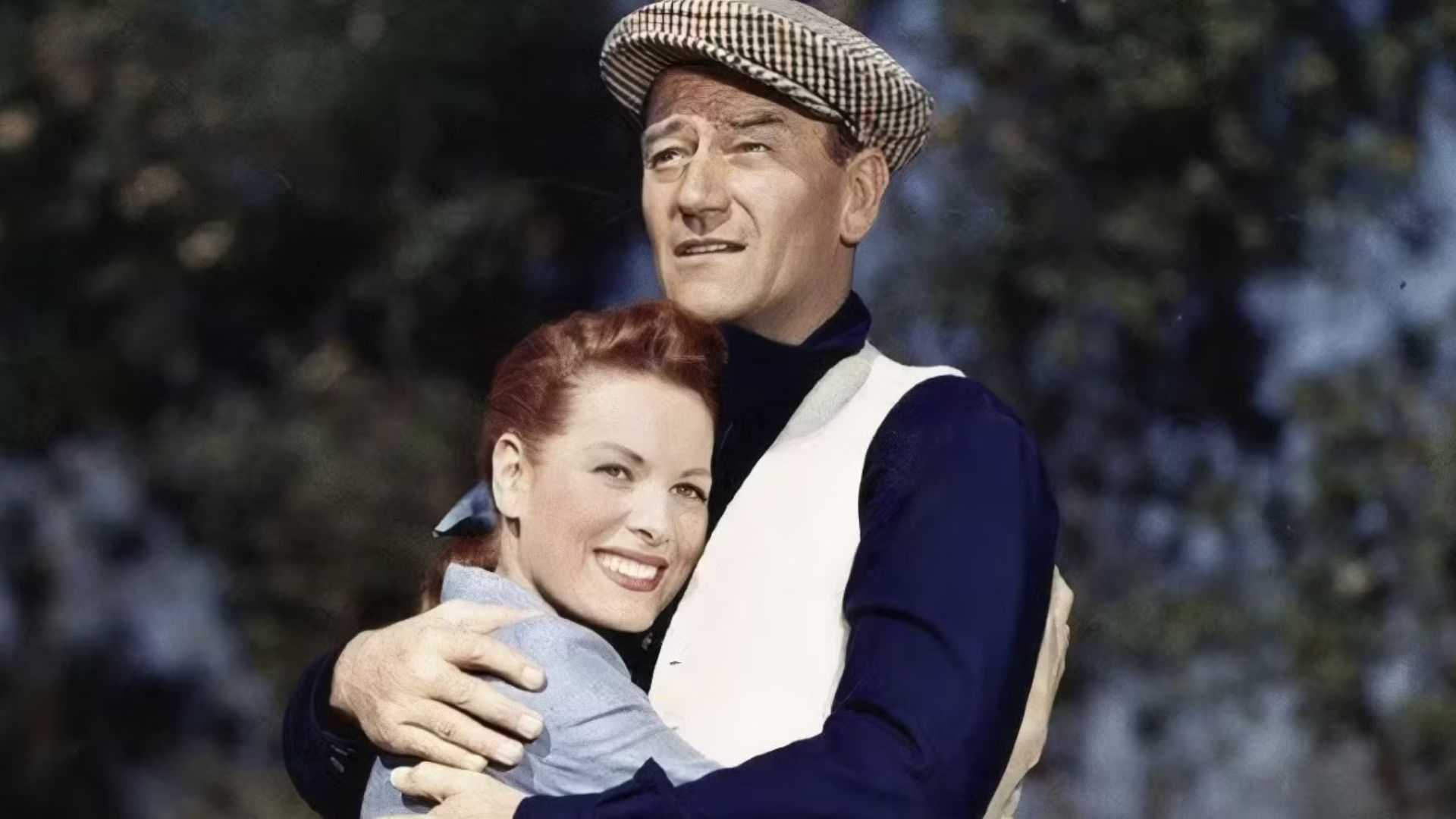 John Wayne and Maureen O'Hara hugging in The Quiet Man
