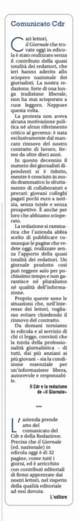 ‘Giornale’ in edicola nonostante lo sciopero. L’editore: arricchito con firme apprezzate
