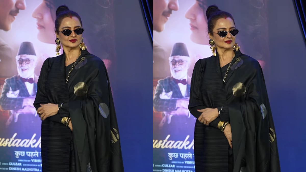 Rekha Drapes Black Saree With Chic Coat & Bold Sindoor At Gustaakh Ishq ...
