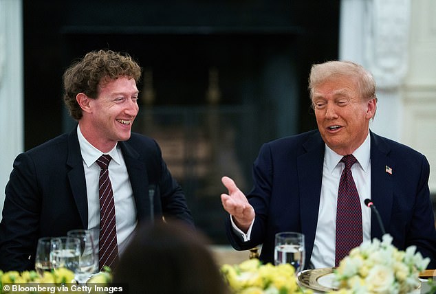 Meta's Mark Zuckerberg and President Donald Trump during a dinner with tech leaders in the State Dining Room of the White House in Washington, DC, US, on Thursday, Sept. 4, 2025