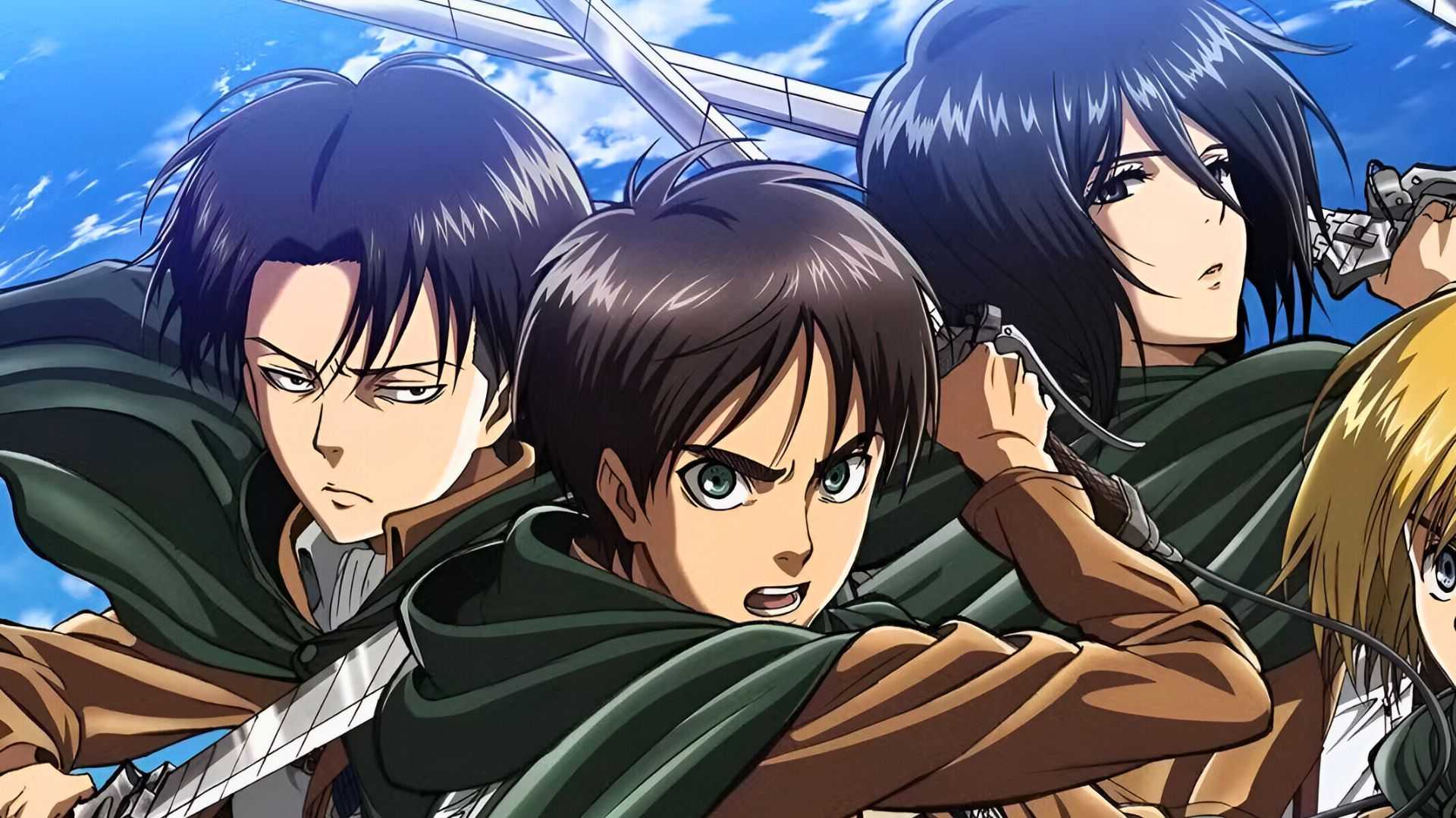 Eren, Mikasa, and Levi as seen in Attack on Titan