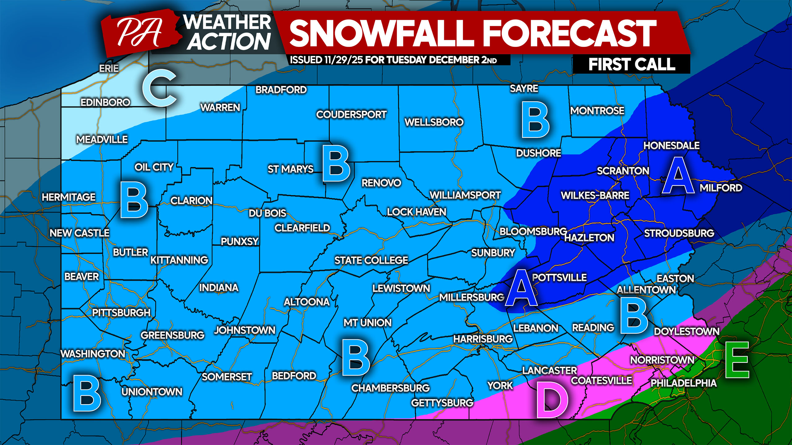 First Call Snowfall Forecast for Tuesday's Impactful Winter Storm in Pa.