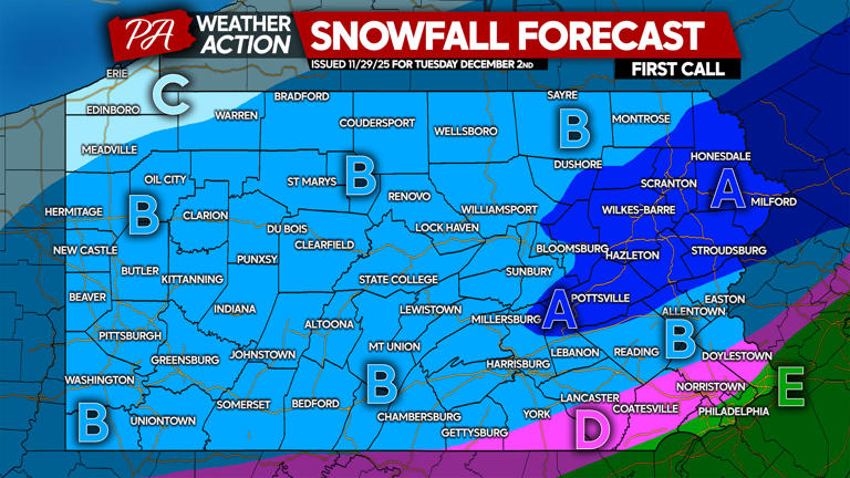 First Call Snowfall Forecast for Tuesday's Impactful Winter Storm in Pa.