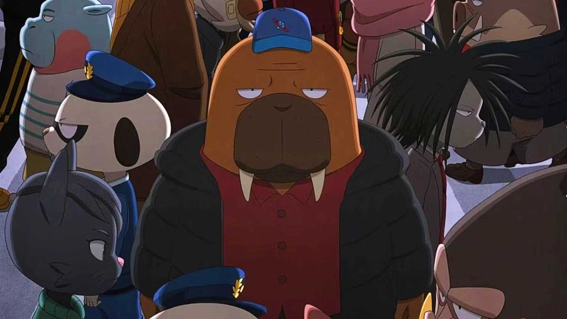 Hiroshi Odokawa standing in a crowd in Odd Taxi.