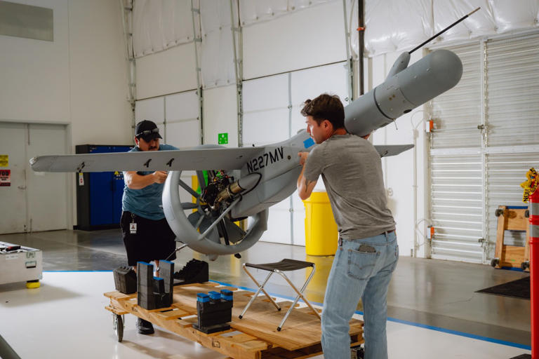 A V-BAT drone is positioned for testing in Frisco, Texas.