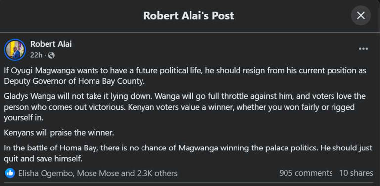 Robert Alai advises Oyugi Magwanga to resign as Homa Bay dg to ...