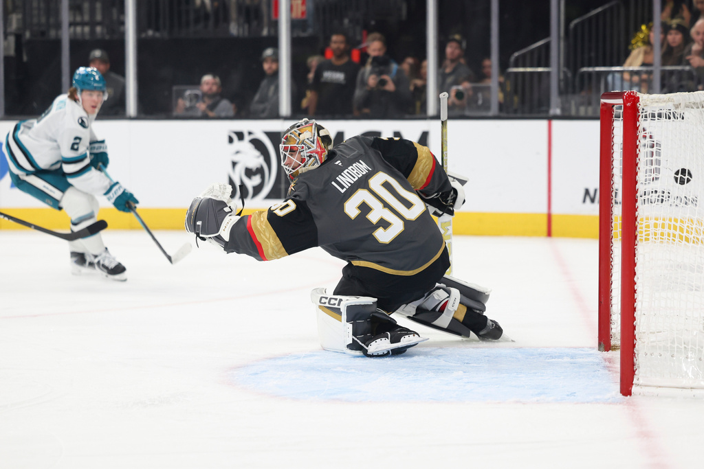 Hertl scores twice, Lindbom gets his 1st NHL win in the Knights' 4-3 ...