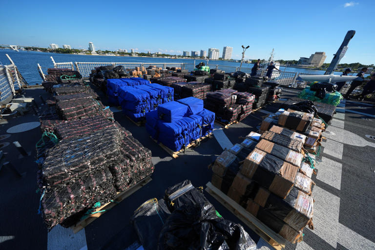 Pallets of seized cocaine aboard a U.S. Coast Guard cutter at Port Everglades, Fla.