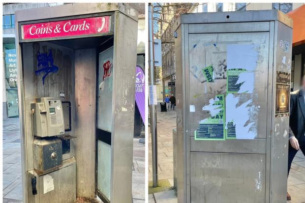 Fury as filthy phone boxes in city centre are labelled 'eyesore'