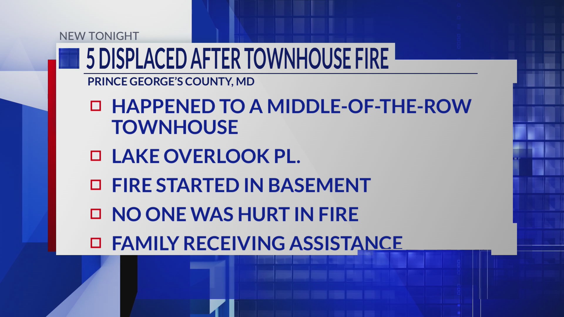 5 displaced in Prince George's County townhouse fire