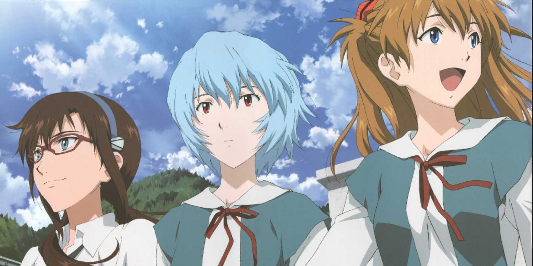 Mari, Rei, and Asuka together in their school uniforms from the Rebuild of Evangelion films.