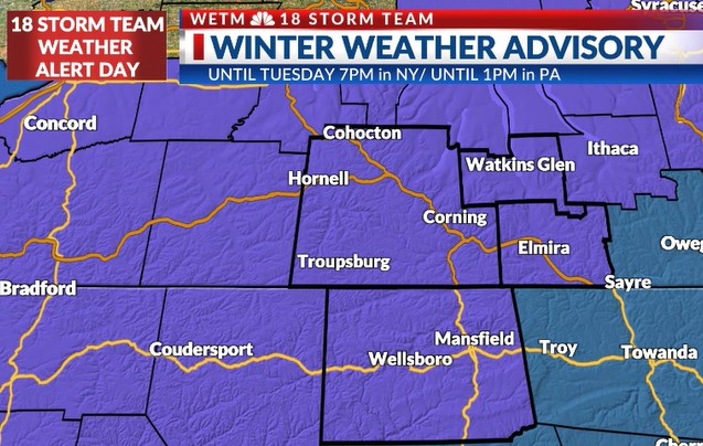 ALERT: WINTER WEATHER ADVISORY ISSUED FOR TWIN TIERS FOR TUESDAY