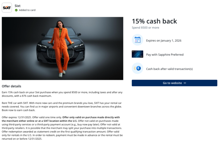 New Chase Offer for 15% Back on SIXT Car Rentals [Ends January 1]