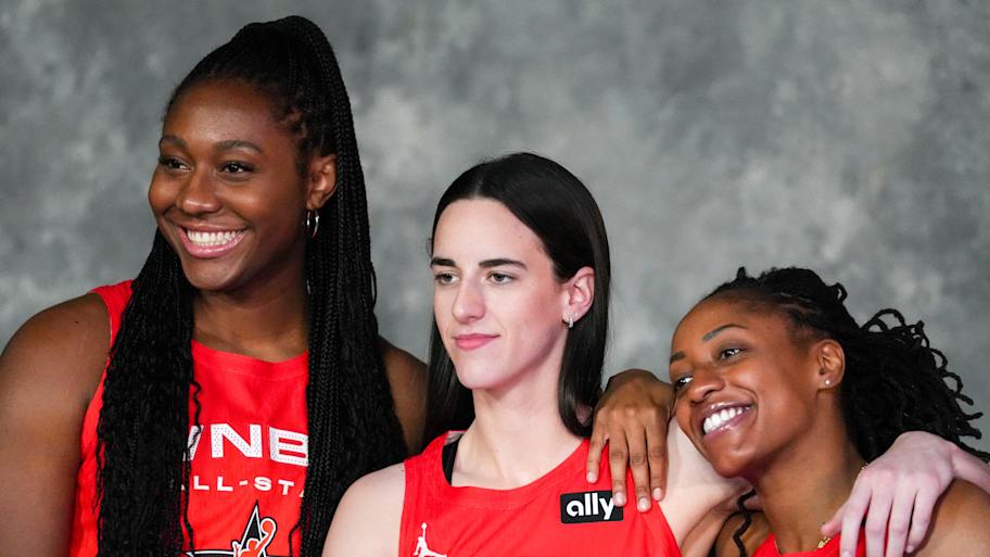 Indiana Fever's Aliyah Boston (7), Caitlin Clark (22) and Kelsey Mitchell (0) take a phot before the 2025 WNBA All-Star Game on Saturday, July 19, 2025, at Gainbridge Fieldhouse in Indianapolis. | Christine Tannous/IndyStar / USA TODAY NETWORK via Imagn Images