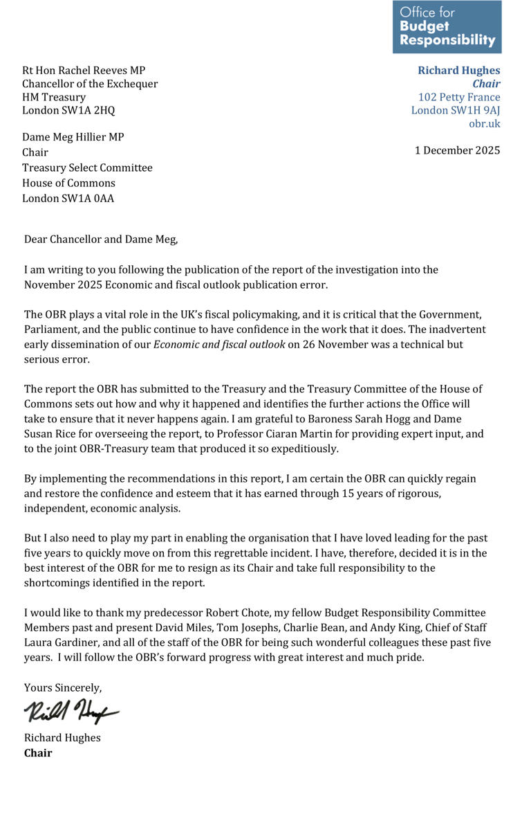 OBR chairman resigns after damning report into leak of Reeves’ Budget