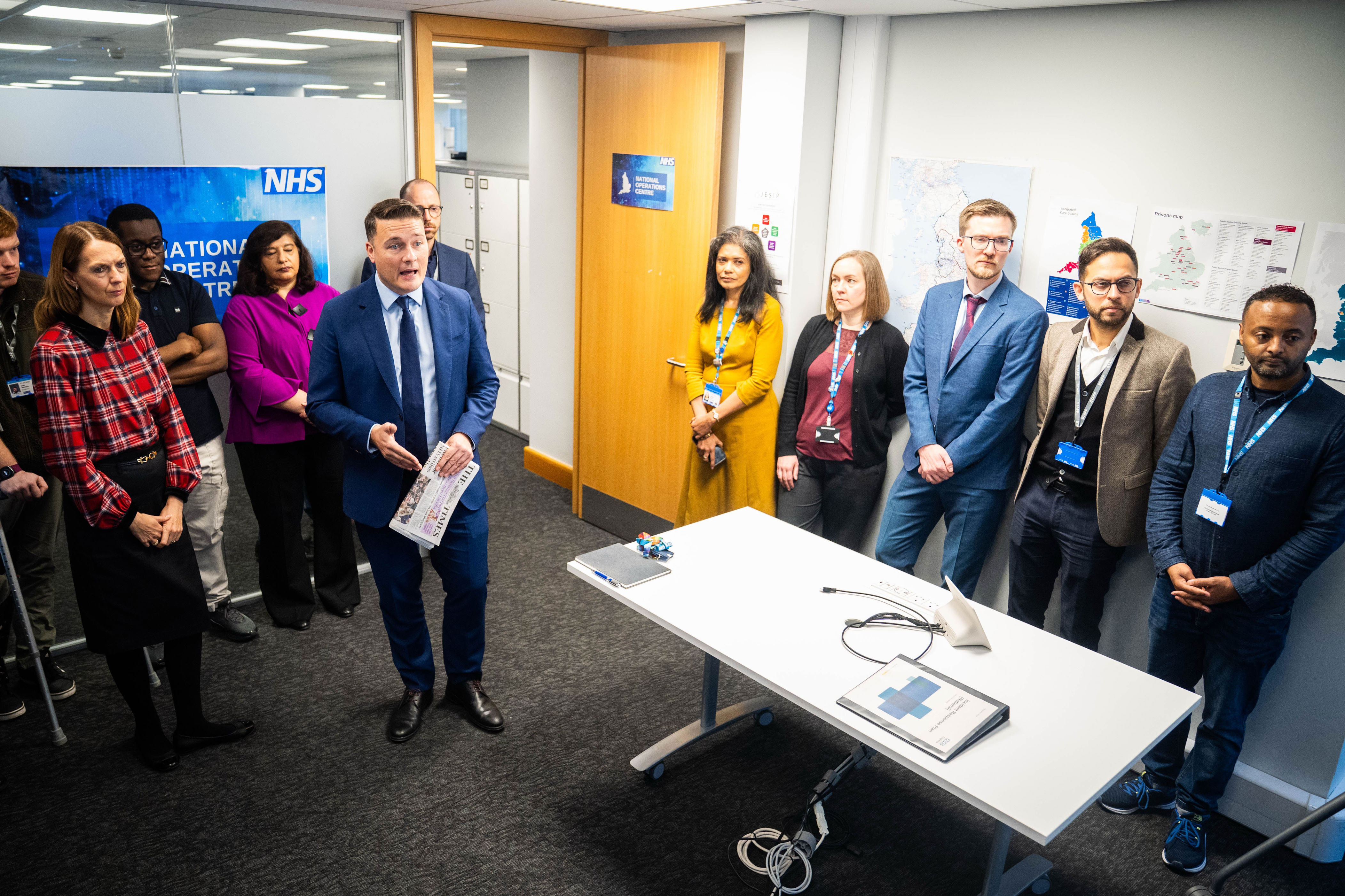 Health secretary Wes Streeting speaks to NHS staff during a visit to NHS England’s headquarters at Wellington House in London last month (PA)