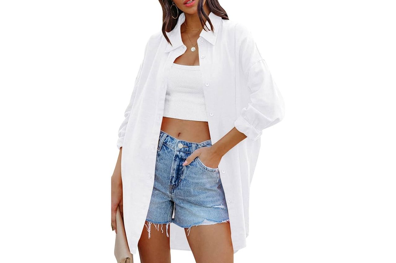 FSHAOES Womens Oversized Button Down Shirts Casual Loose Long Sleeve Solid Lapel Long Blouses Tops with Pockets