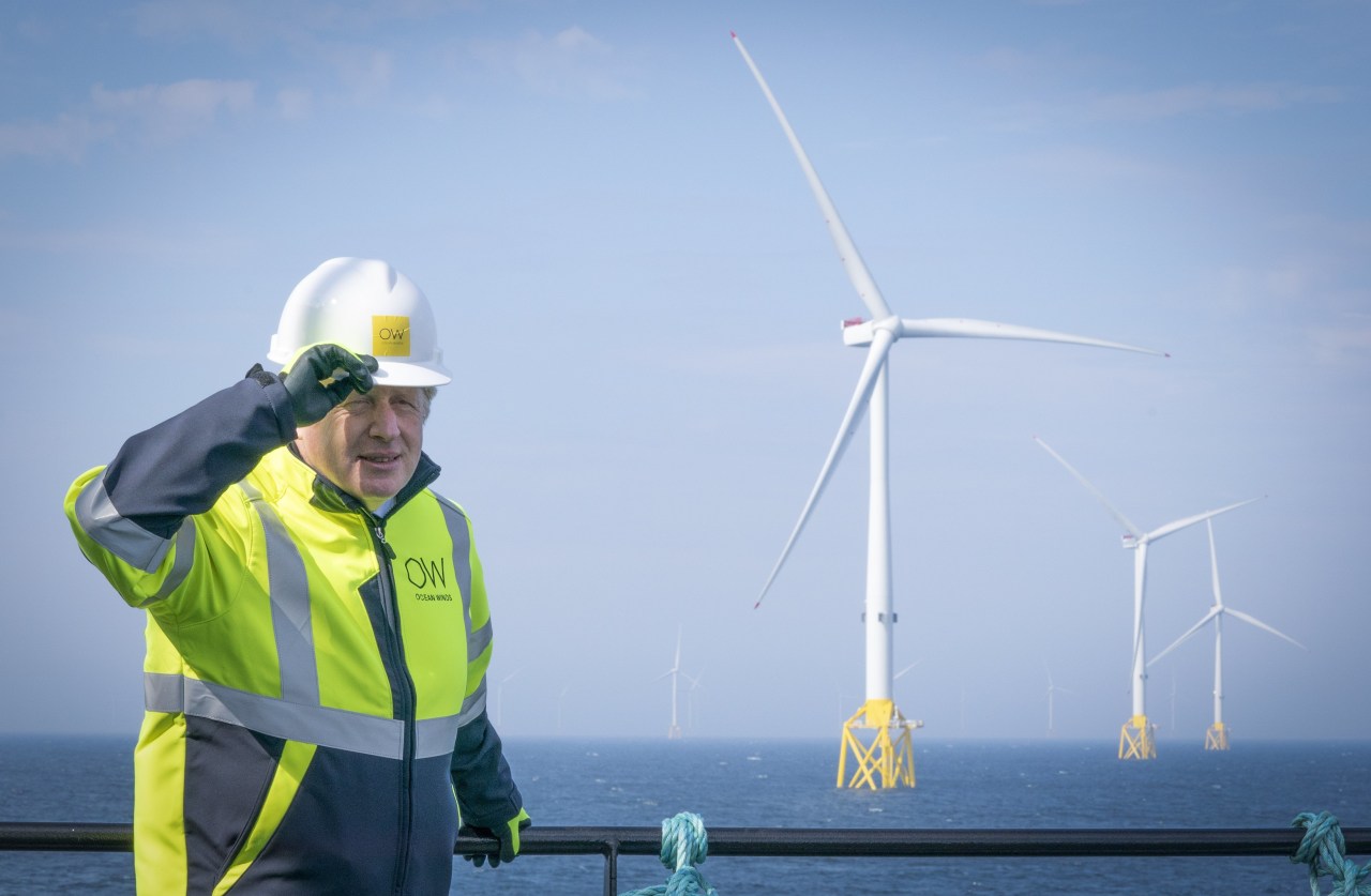Then-Prime Minister Boris Johnson visits the Moray Offshore Windfarm East, off the coast of Scotland, in 2021.