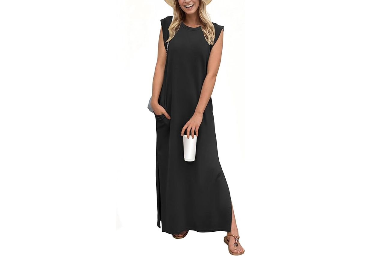Amazon GRECERELLE 2025 Women Year-Round Casual Round Neck Loose Split Wrinkle-Free Long Maxi Vacation Dress