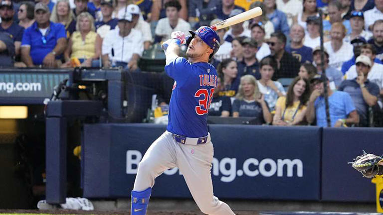Oct 4, 2025; Milwaukee, Wisconsin, USA; Chicago Cubs designated hitter Kyle Tucker (30) flies out against the Milwaukee Brewers during the sixth inning of game one of the NLDS round for the 2025 MLB playoffs at American Family Field. | Michael McLoone-Imagn Images