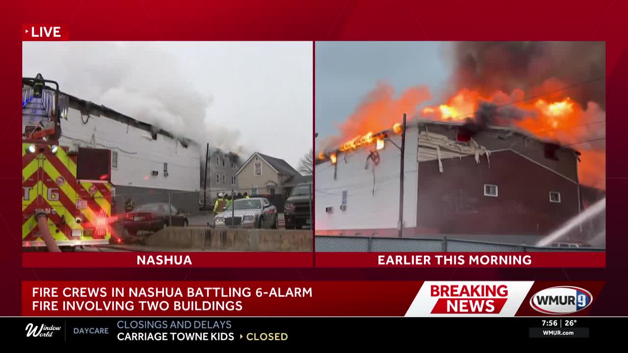 Fire crews battle fire involving two buildings in Nashua