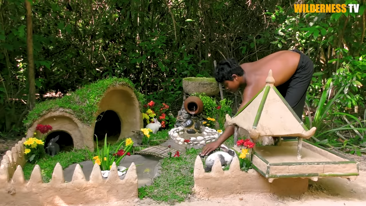 Creating a Beautiful Rabbit Pond and Mud House by Hand While Growing ...