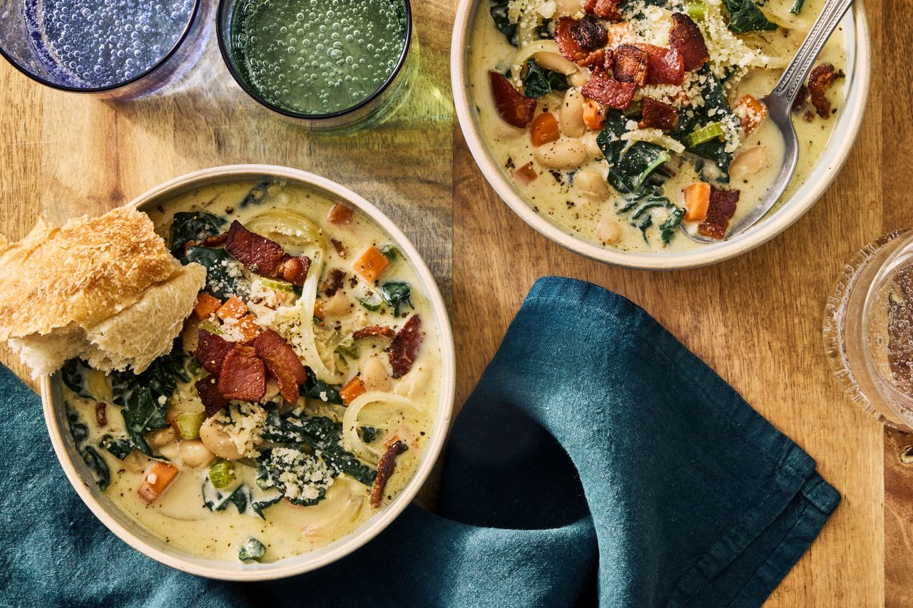 Southern Living White Bean Soup in bowls ready to serve