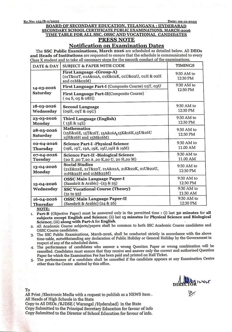 Telangana SSC exam 2026 timetable released