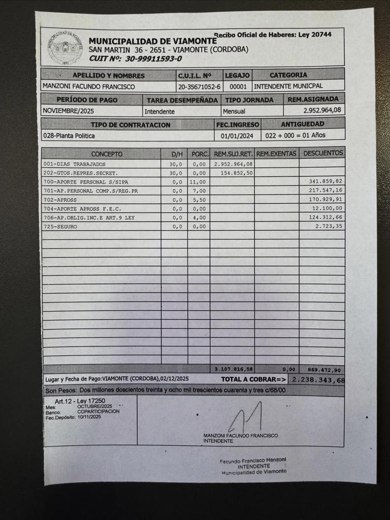 Facundo Manzoni, intendente de Viamonte, mostró su sueldo.