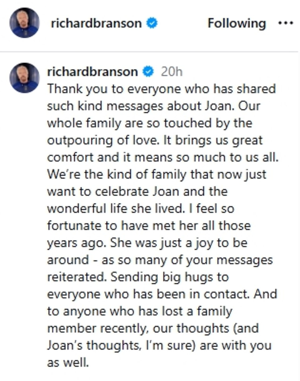 Richard Branson shares update on grief after the death of wife Joan