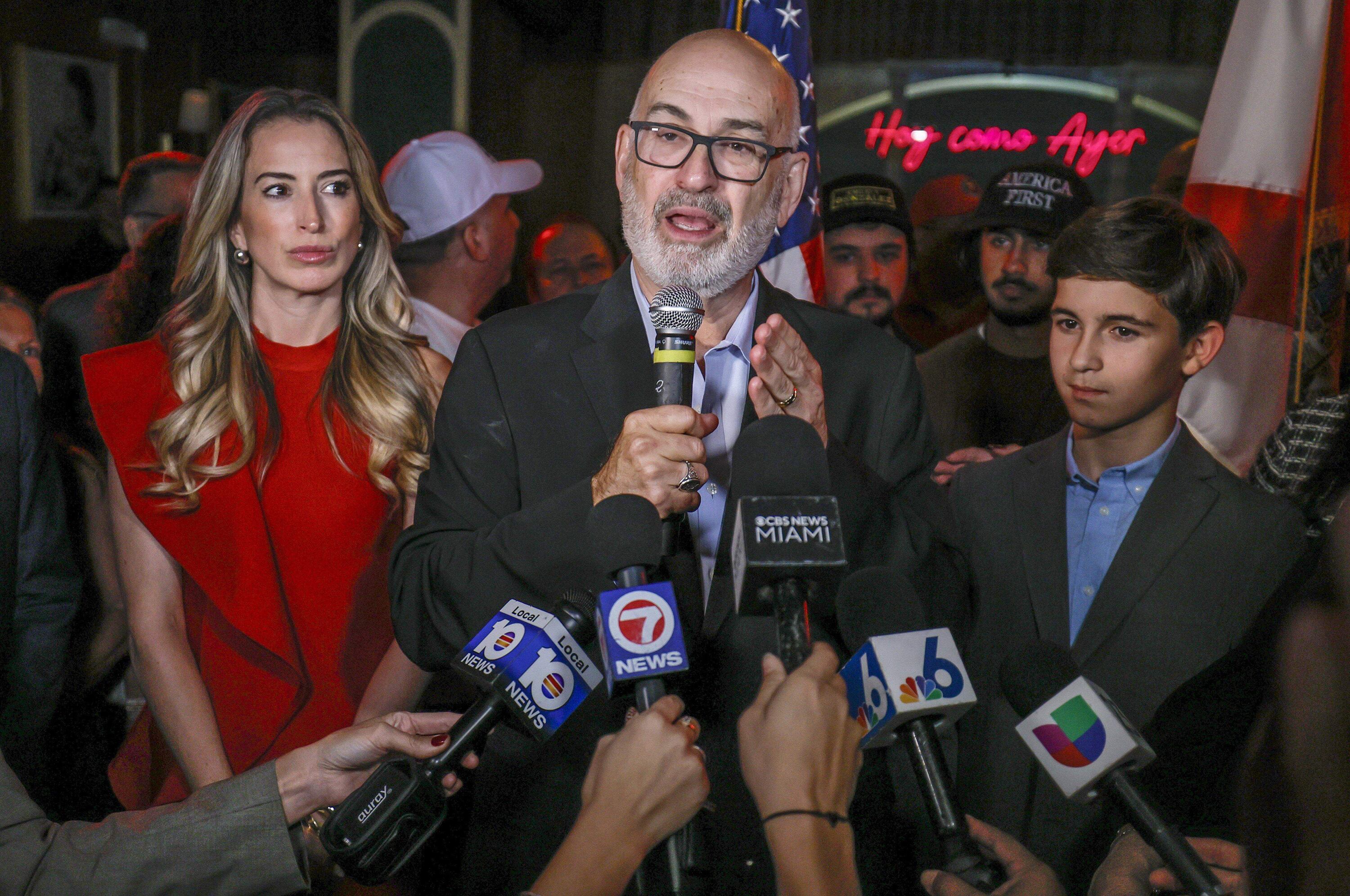 City of Miami mayoral candidate Emilio Gonzalez speaks to supporters and the media during election night watch party at Hoy Como Ayer in Little Havana, in Miami on Tuesday, Nov. 4, 2025. / Miami Herald / TNS