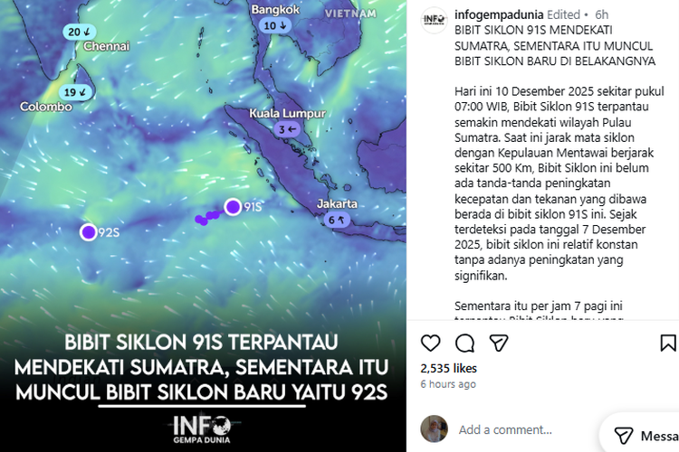 Siklon 92S Muncul, BMKG Jelaskan Kondisi Cuaca di Sumatera