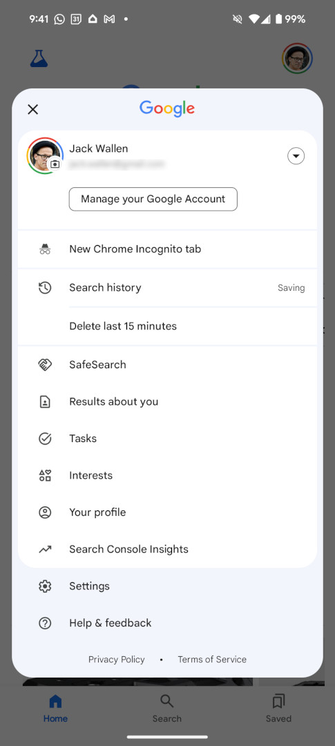 The Google app menu makes it easy to quickly delete the last 15 minutes of your search history.