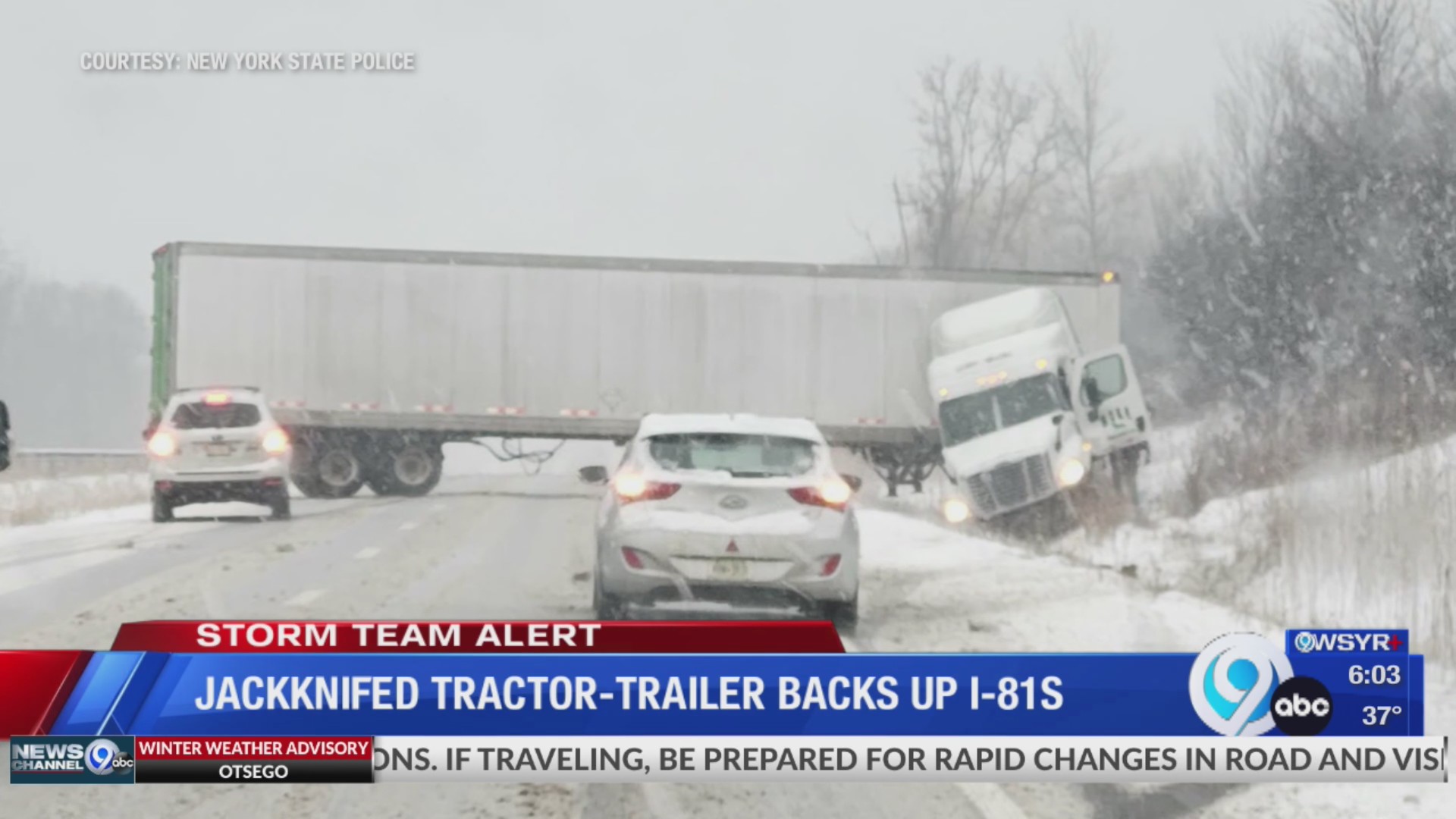 Jackknifed tractor-trailer backs up I-81 in LaFayette