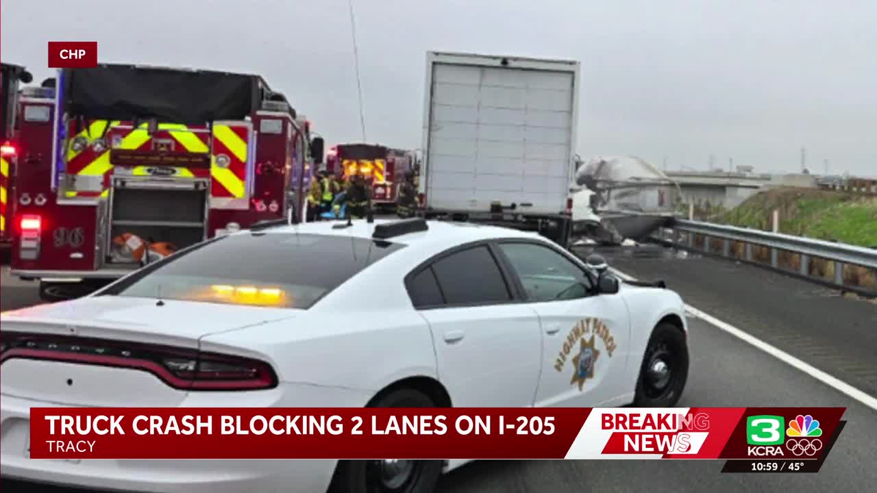 Concrete truck crash blocks I-205 lanes in Tracy