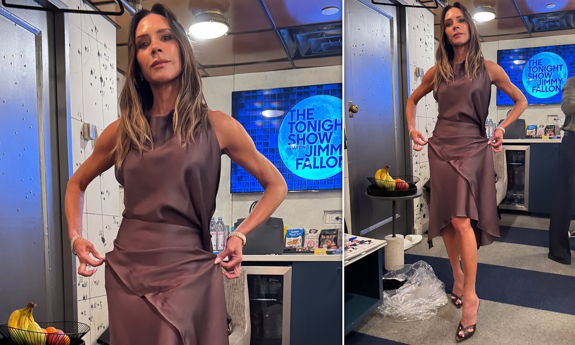 Victoria Beckham flashes her toned legs in a satin dress as she reveals her £76 ultimate beauty hack