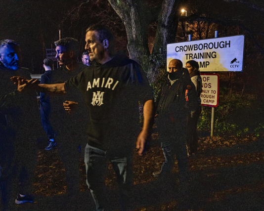 Protesters outside Crowborough training camp, where the government says no decision has been made to house up to 540 ‘single adult male’ asylum seekers. Photograph: Sean Smith/The Guardian