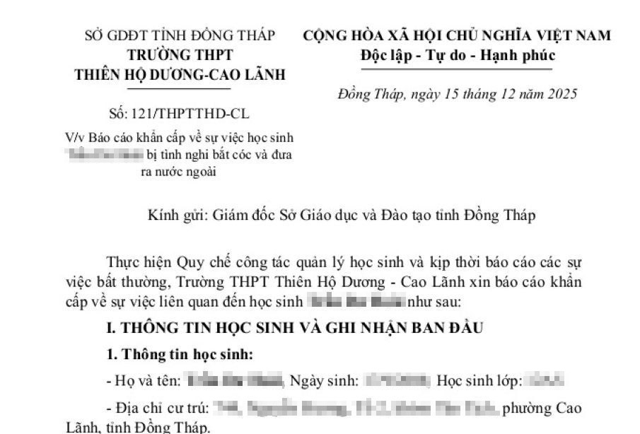 Một học sinh ở Đồng Tháp nghi bị bắt cóc đưa ra nước ngoài