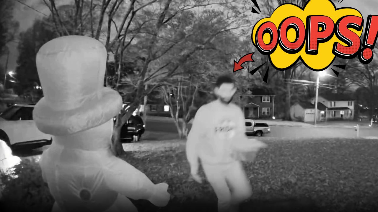 Guy dresses as inflatable snowman and scares his holiday party guests
