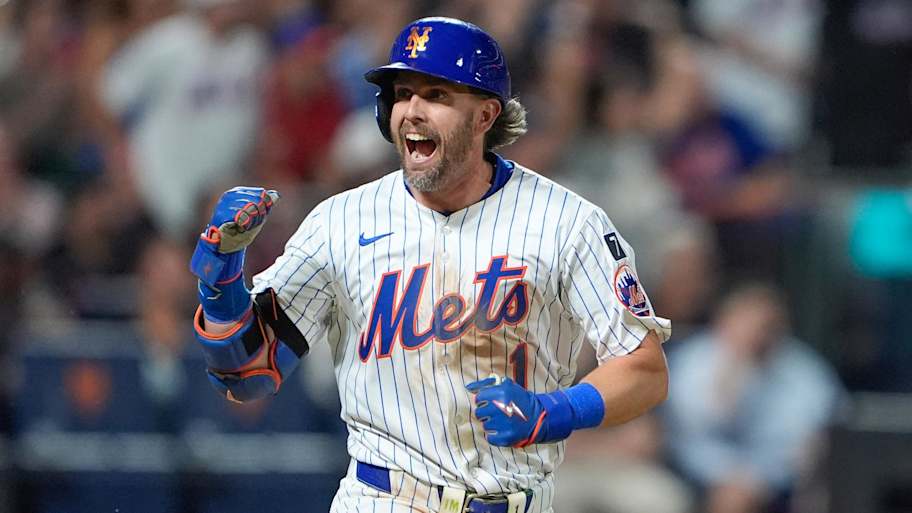 Aug 25, 2025; New York City, New York, USA; New York Mets second baseman Jeff McNeil (1) reacts to hitting an RBI single against the Philadelphia Phillies during the fourth inning at Citi Field. Mandatory Credit: Gregory Fisher-Imagn Images | Gregory Fisher-Imagn Images