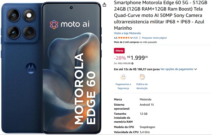 Motorola Edge 60 cai para R$ 1.999 — 512GB e 5G viram oportunidade rara ...