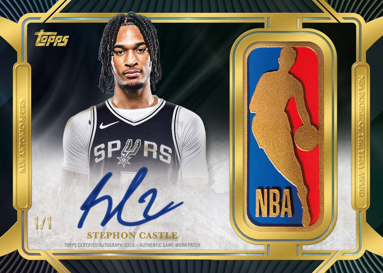 The autographed version of the new Topps Chrome Gold NBA Logoman Relic Card, such as the pictured card of Spurs guard and reigning Rookie of the Year, Stephon Castle, is considered the crown jewel of the collection, limited to just a single card. (Courtesy Topps)