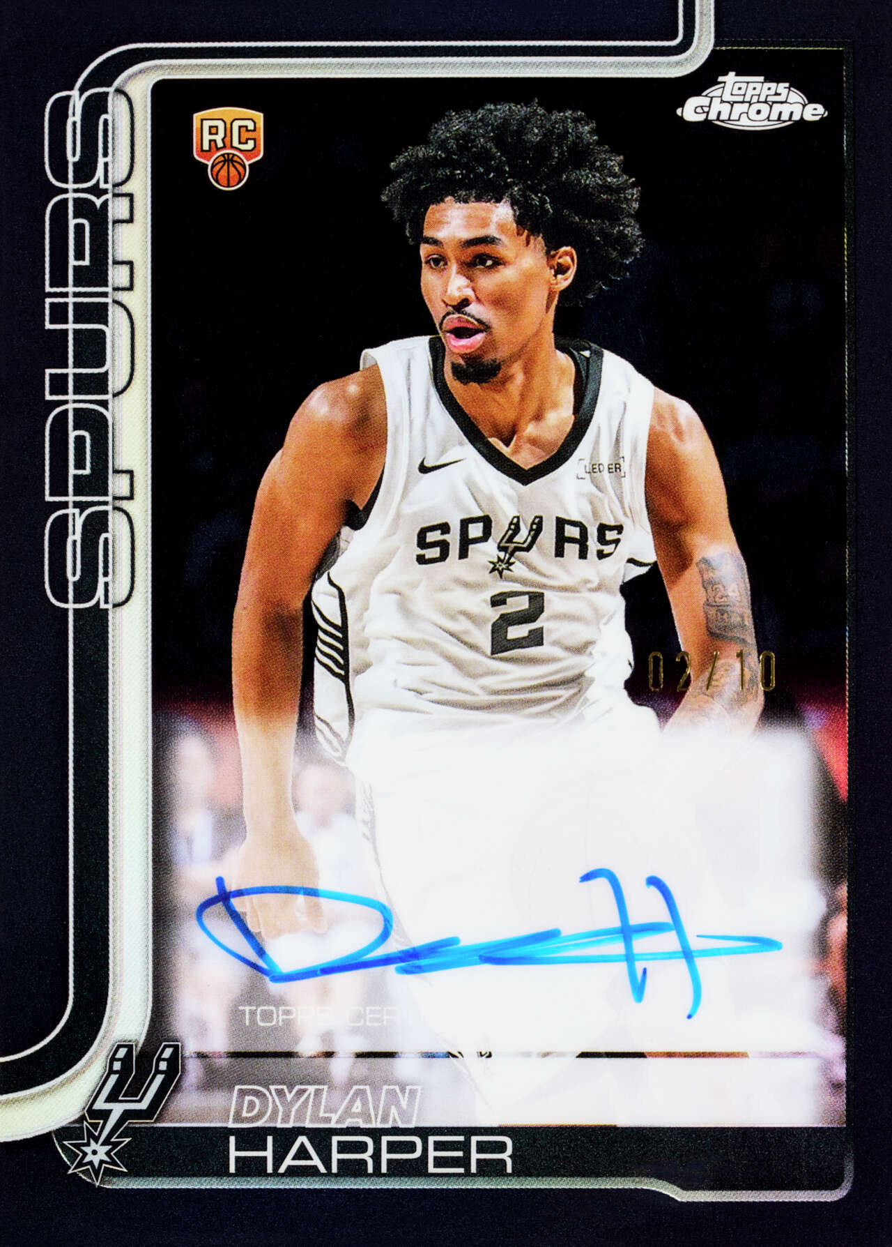 Spurs rookie Dylan Harper gets plenty of exposure in the new Topps Chrome Basketball set with 31 different cards. Pictured is an autographed Black Refractor card of Harper. (Courtesy Topps)