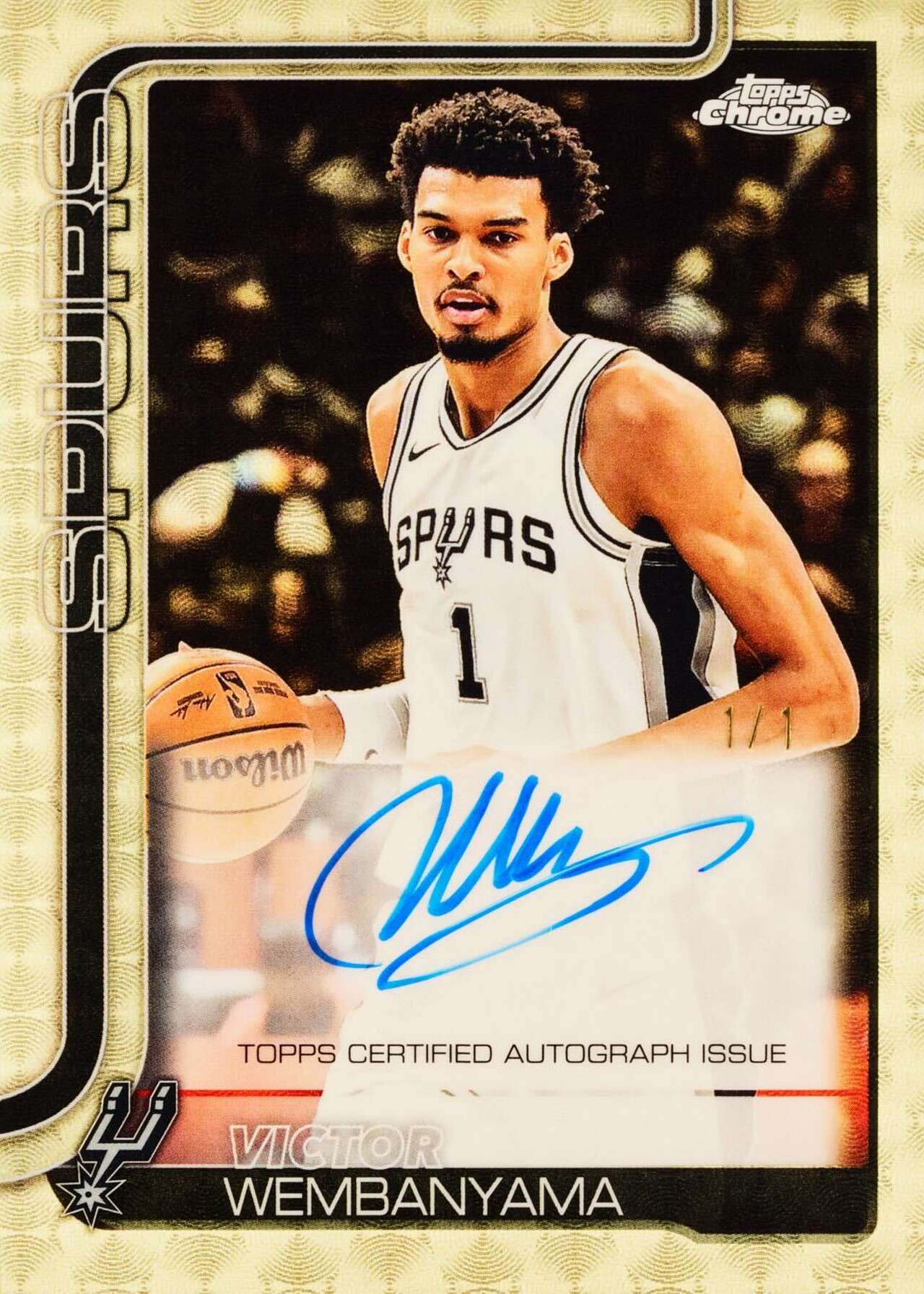The new Topps Chrome Basketball set includes 19 different card designs of Spurs star Victor Wembanyama. Pictured is an autographed Superfractor, limited to just one card. (Courtesy Topps)