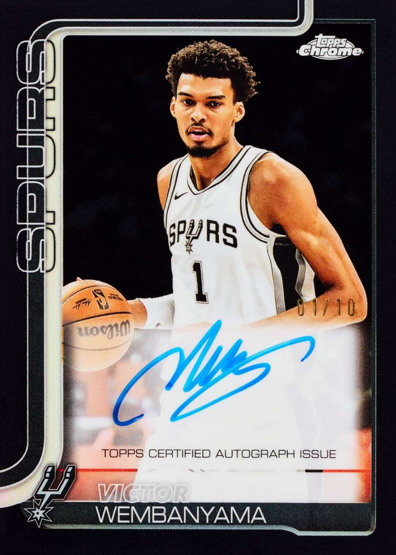 The new Topps Chrome Basketball set includes 19 different card designs of Spurs star Victor Wembanyama. Pictured is an autographed Black Refractor card, one of only 10 in the set. (Courtesy Topps)